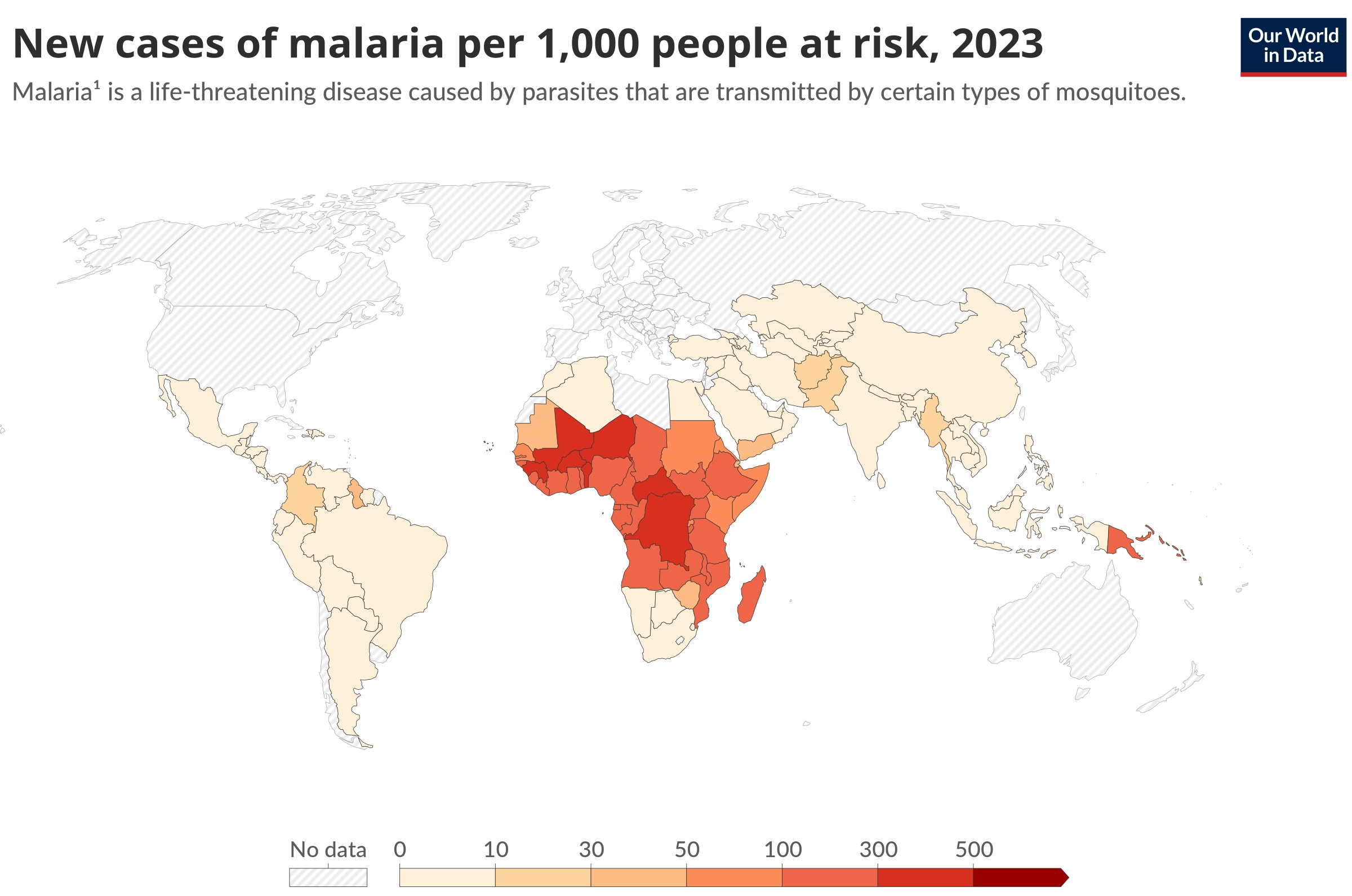 A malária előfordulásának gyakorisága a világon 2023-ban. A legsúlyosabban érintett területek jól láthatóan a szubszaharai Afrikában találhatók. Forrás: Our World in Data